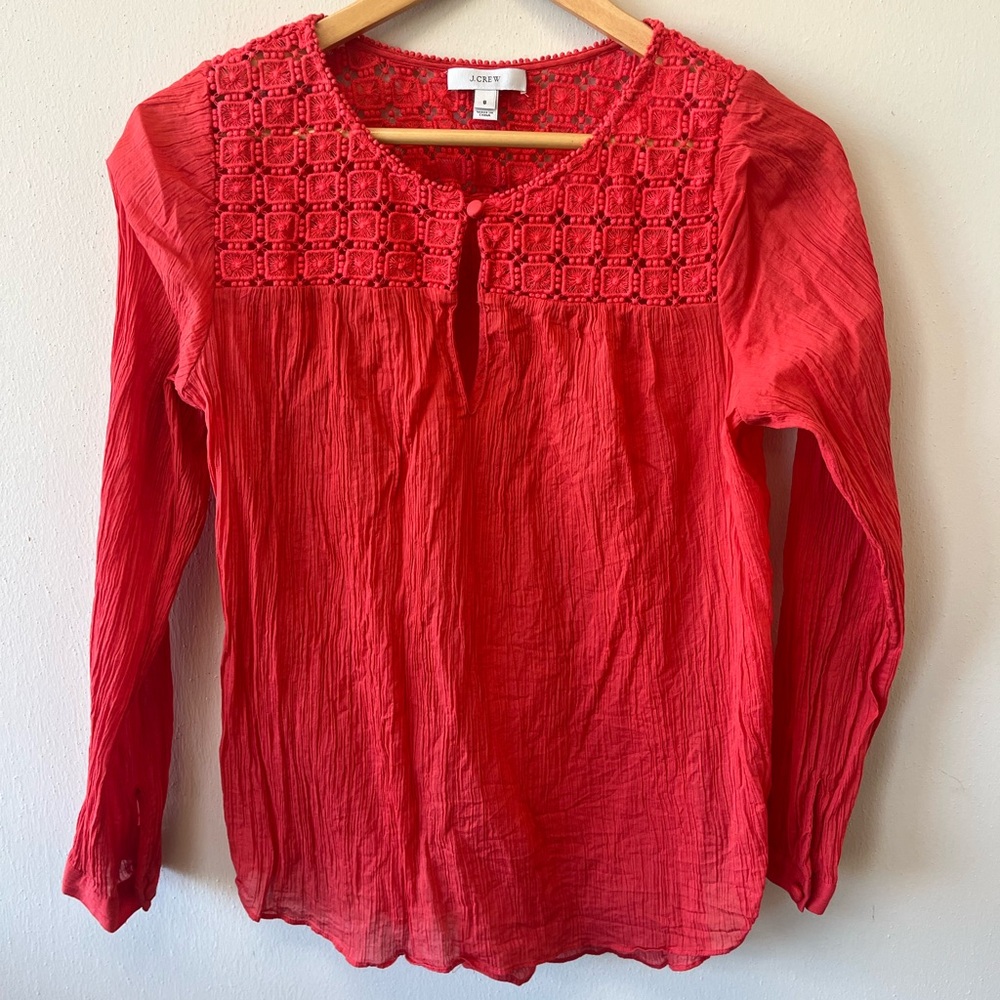 J. Crew red orange gauzy embroidered long sleeve top